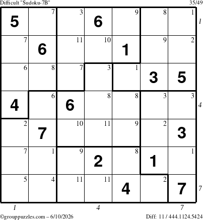The grouppuzzles.com Difficult Sudoku-7B puzzle for Wednesday June 10, 2026 with all 11 steps marked