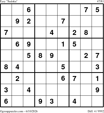 The grouppuzzles.com Easy Sudoku puzzle for Wednesday June 10, 2026