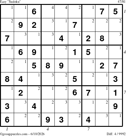 The grouppuzzles.com Easy Sudoku puzzle for Wednesday June 10, 2026 with all 4 steps marked