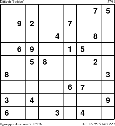 The grouppuzzles.com Difficult Sudoku puzzle for Wednesday June 10, 2026