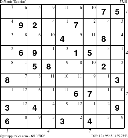 The grouppuzzles.com Difficult Sudoku puzzle for Wednesday June 10, 2026 with all 12 steps marked