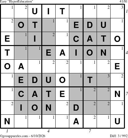 The grouppuzzles.com Easy HyperEducation-i23 puzzle for Wednesday June 10, 2026 with all 3 steps marked