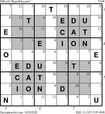 The grouppuzzles.com Difficult HyperEducation-i23 puzzle for Wednesday June 10, 2026, suitable for printing, with all 11 steps marked