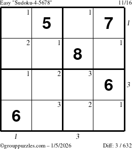 The grouppuzzles.com Easy Sudoku-4-5678 puzzle for Monday January 5, 2026 with all 3 steps marked