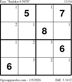 The grouppuzzles.com Easy Sudoku-4-5678 puzzle for Monday January 5, 2026 with the first 3 steps marked