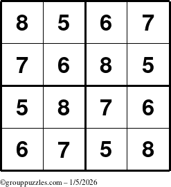 The grouppuzzles.com Answer grid for the Sudoku-4-5678 puzzle for Monday January 5, 2026