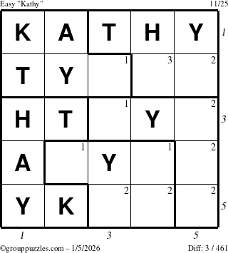 The grouppuzzles.com Easy Kathy puzzle for Monday January 5, 2026, suitable for printing, with all 3 steps marked