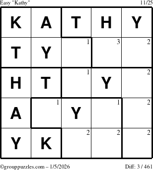 The grouppuzzles.com Easy Kathy puzzle for Monday January 5, 2026 with the first 3 steps marked