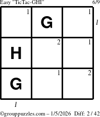 The grouppuzzles.com Easy TicTac-GHI puzzle for Monday January 5, 2026, suitable for printing, with all 2 steps marked