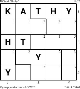 The grouppuzzles.com Difficult Kathy puzzle for Monday January 5, 2026, suitable for printing, with all 4 steps marked
