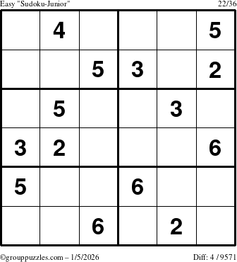 The grouppuzzles.com Easy Sudoku-Junior puzzle for Monday January 5, 2026