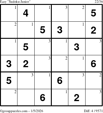 The grouppuzzles.com Easy Sudoku-Junior puzzle for Monday January 5, 2026 with the first 3 steps marked