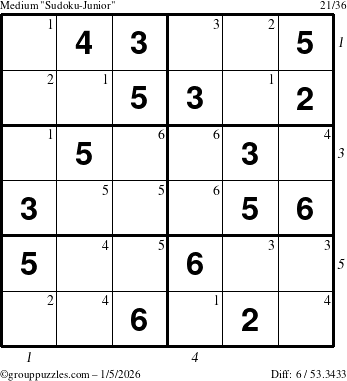 The grouppuzzles.com Medium Sudoku-Junior puzzle for Monday January 5, 2026 with all 6 steps marked