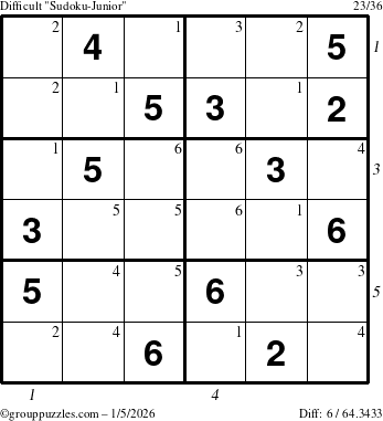 The grouppuzzles.com Difficult Sudoku-Junior puzzle for Monday January 5, 2026, suitable for printing, with all 6 steps marked