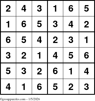 The grouppuzzles.com Answer grid for the Sudoku-Junior puzzle for Monday January 5, 2026
