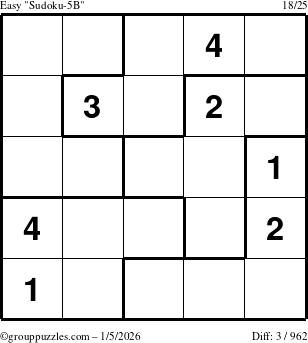 The grouppuzzles.com Easy Sudoku-5B puzzle for Monday January 5, 2026