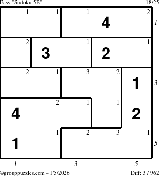 The grouppuzzles.com Easy Sudoku-5B puzzle for Monday January 5, 2026 with all 3 steps marked