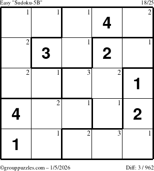 The grouppuzzles.com Easy Sudoku-5B puzzle for Monday January 5, 2026 with the first 3 steps marked