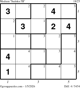 The grouppuzzles.com Medium Sudoku-5B puzzle for Monday January 5, 2026, suitable for printing, with all 4 steps marked