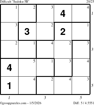 The grouppuzzles.com Difficult Sudoku-5B puzzle for Monday January 5, 2026, suitable for printing, with all 5 steps marked