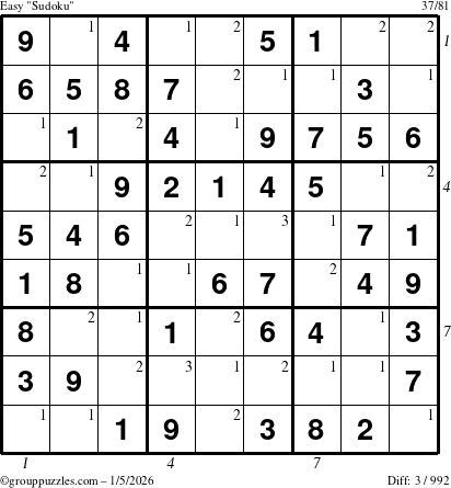 The grouppuzzles.com Easy Sudoku puzzle for Monday January 5, 2026, suitable for printing, with all 3 steps marked