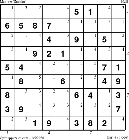 The grouppuzzles.com Medium Sudoku puzzle for Monday January 5, 2026, suitable for printing, with all 5 steps marked