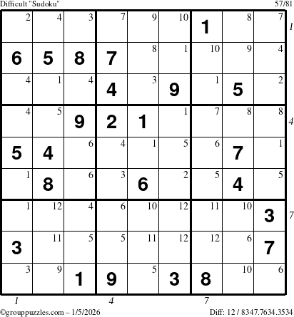 The grouppuzzles.com Difficult Sudoku puzzle for Monday January 5, 2026, suitable for printing, with all 12 steps marked