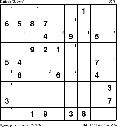 The grouppuzzles.com Difficult Sudoku puzzle for Monday January 5, 2026 with the first 3 steps marked