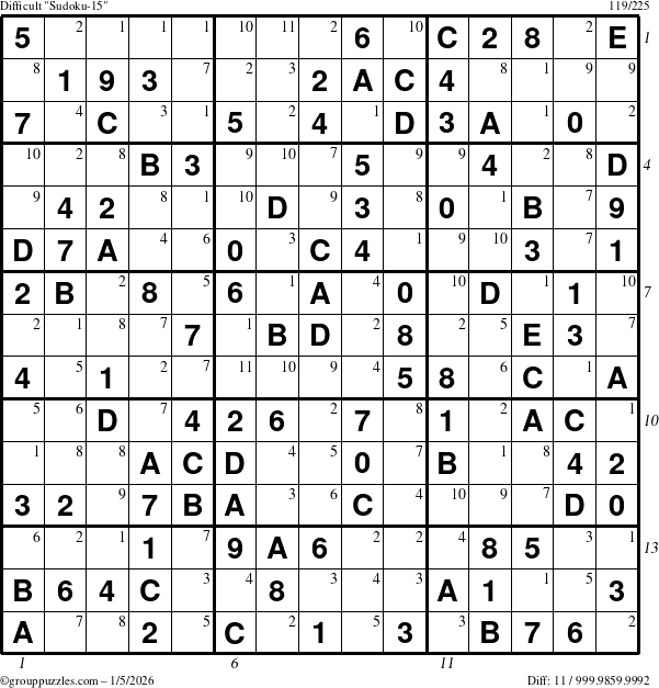 The grouppuzzles.com Difficult Sudoku-15 puzzle for Monday January 5, 2026 with all 11 steps marked