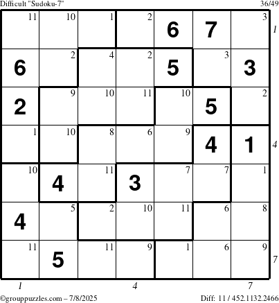 The grouppuzzles.com Difficult Sudoku-7 puzzle for Tuesday July 8, 2025, suitable for printing, with all 11 steps marked