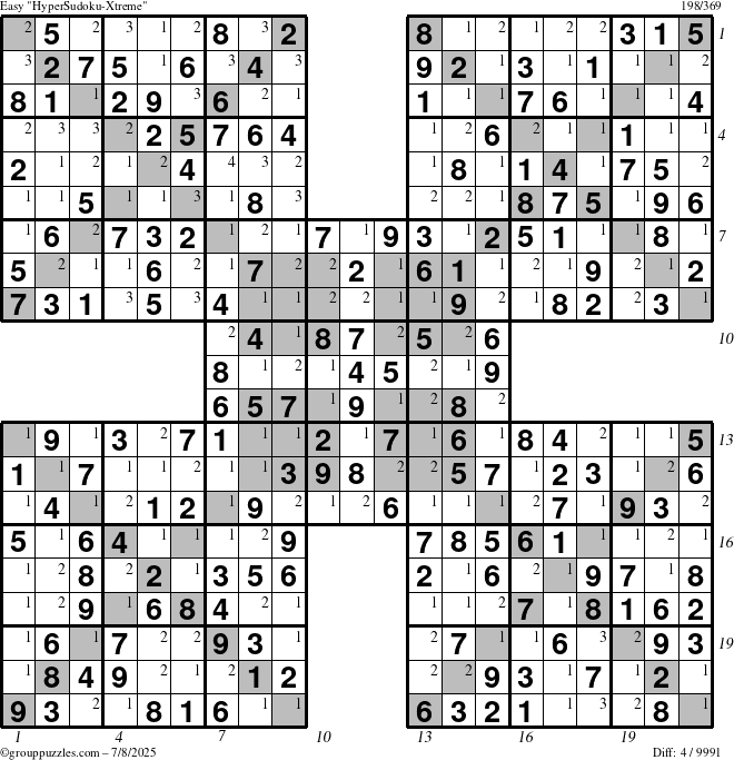 The grouppuzzles.com Easy HyperSudoku-Xtreme puzzle for Tuesday July 8, 2025, suitable for printing, with all 4 steps marked