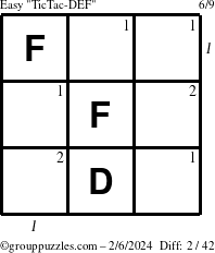 The grouppuzzles.com Easy TicTac-DEF puzzle for Tuesday February 6, 2024 with all 2 steps marked