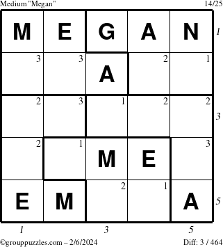 The grouppuzzles.com Medium Megan puzzle for Tuesday February 6, 2024 with all 3 steps marked