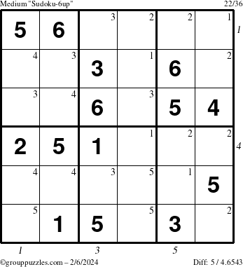 The grouppuzzles.com Medium Sudoku-6up puzzle for Tuesday February 6, 2024 with all 5 steps marked