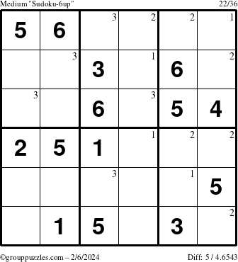 The grouppuzzles.com Medium Sudoku-6up puzzle for Tuesday February 6, 2024 with the first 3 steps marked