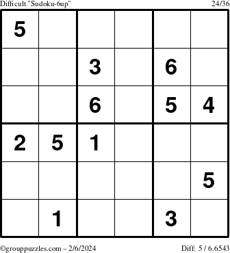 The grouppuzzles.com Difficult Sudoku-6up puzzle for Tuesday February 6, 2024