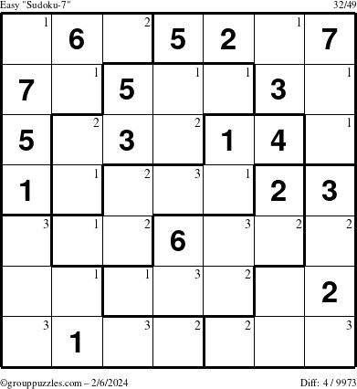 The grouppuzzles.com Easy Sudoku-7 puzzle for Tuesday February 6, 2024 with the first 3 steps marked