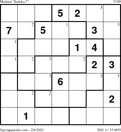 The grouppuzzles.com Medium Sudoku-7 puzzle for Tuesday February 6, 2024 with the first 3 steps marked