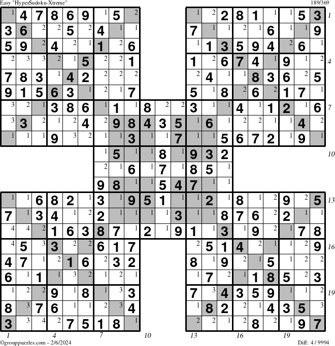 The grouppuzzles.com Easy HyperSudoku-Xtreme puzzle for Tuesday February 6, 2024 with all 4 steps marked