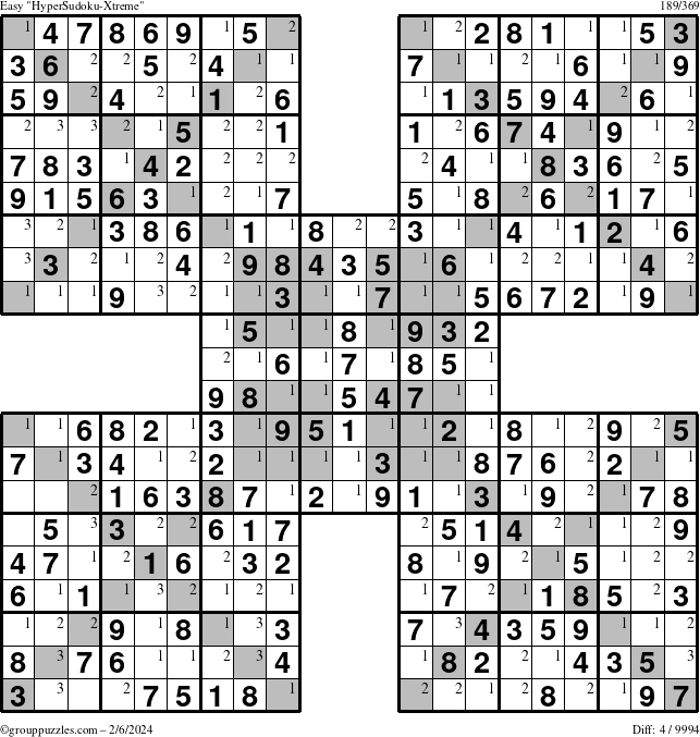 The grouppuzzles.com Easy HyperSudoku-Xtreme puzzle for Tuesday February 6, 2024 with the first 3 steps marked