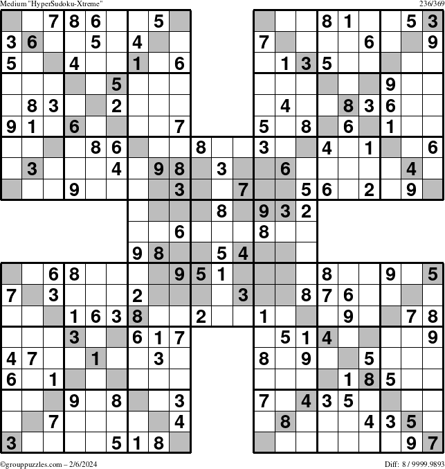The grouppuzzles.com Medium HyperSudoku-Xtreme puzzle for Tuesday February 6, 2024