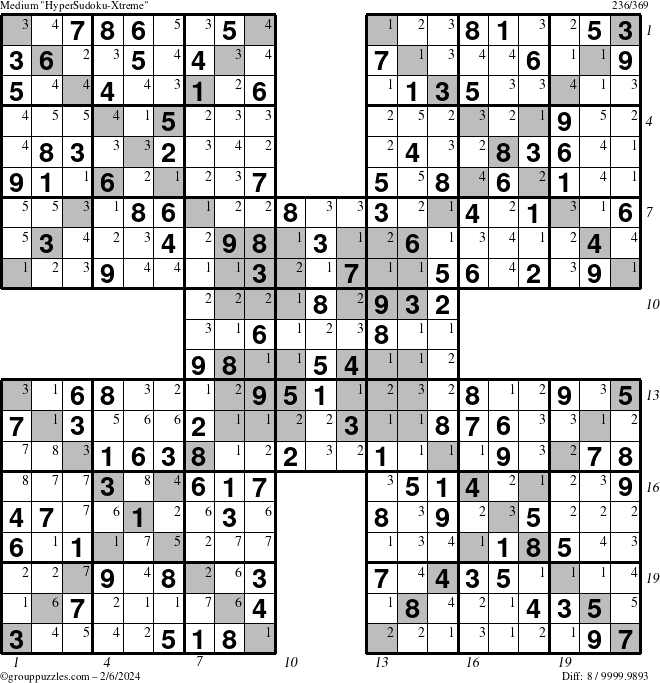 The grouppuzzles.com Medium HyperSudoku-Xtreme puzzle for Tuesday February 6, 2024 with all 8 steps marked
