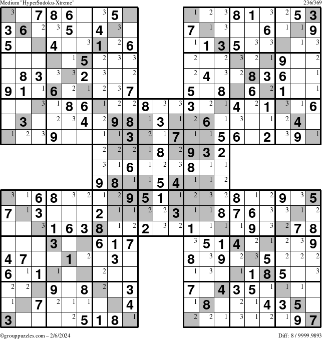 The grouppuzzles.com Medium HyperSudoku-Xtreme puzzle for Tuesday February 6, 2024 with the first 3 steps marked