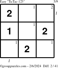 The grouppuzzles.com Easy TicTac-123 puzzle for Tuesday February 6, 2024 with all 2 steps marked