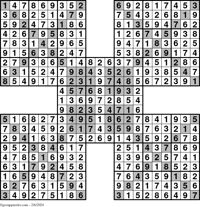 The grouppuzzles.com Answer grid for the HyperSudoku-Xtreme puzzle for Tuesday February 6, 2024