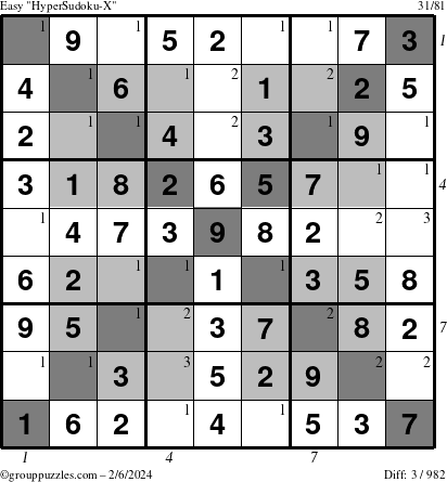 The grouppuzzles.com Easy HyperSudoku-X puzzle for Tuesday February 6, 2024 with all 3 steps marked
