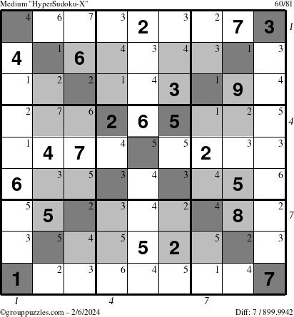 The grouppuzzles.com Medium HyperSudoku-X puzzle for Tuesday February 6, 2024 with all 7 steps marked