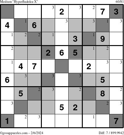 The grouppuzzles.com Medium HyperSudoku-X puzzle for Tuesday February 6, 2024 with the first 3 steps marked