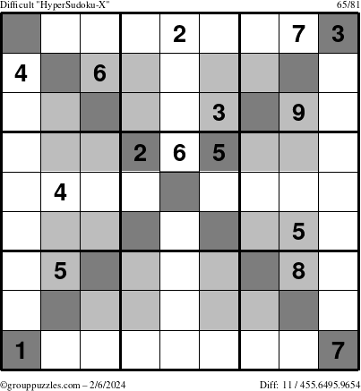 The grouppuzzles.com Difficult HyperSudoku-X puzzle for Tuesday February 6, 2024