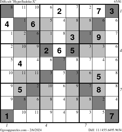 The grouppuzzles.com Difficult HyperSudoku-X puzzle for Tuesday February 6, 2024 with all 11 steps marked